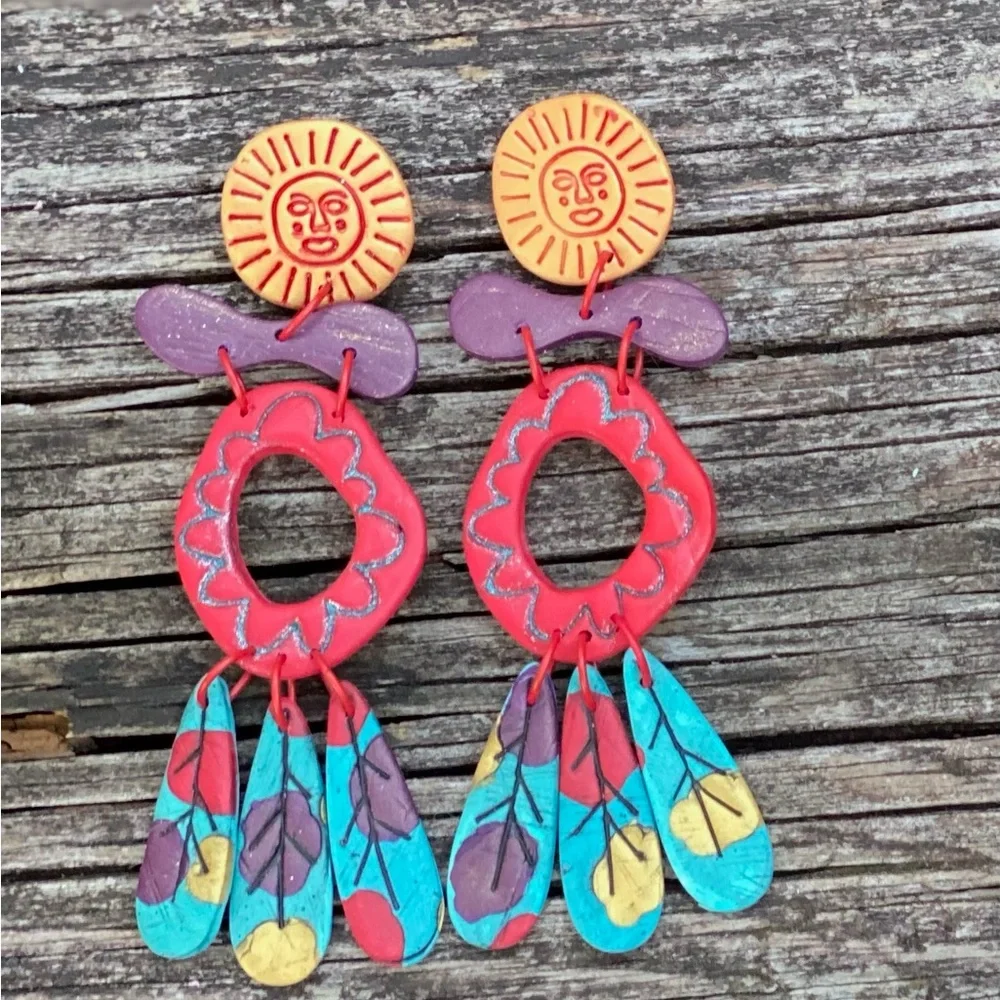 Handcrafted Colorful Sunburst Dangle polymer clay Earrings - Picture 2 of 2